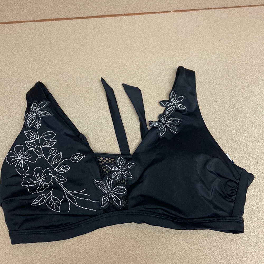 Ashley Graham Black Swim Bra with Floral Design